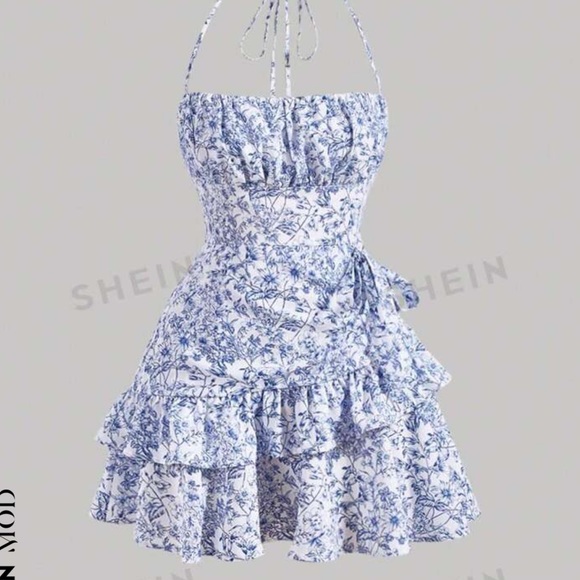 Floral Print Layered Tiered Ruffle Hem Halter Mini Dress Blue White NWT sz M Zip - Picture 5 of 16